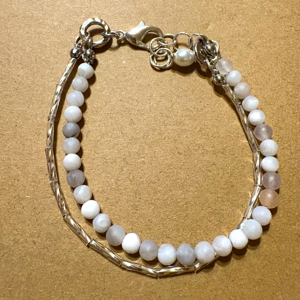 Elegant Silver And Matte Violet Beaded Bracelet